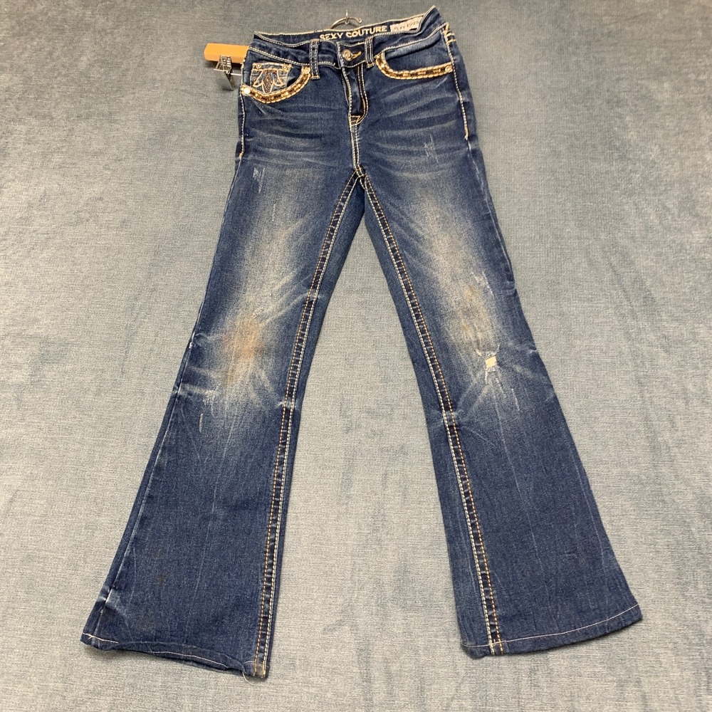 Sexy Couture Flared Jeans Women's 10 Blue Denim Embellished Pocket Streetwear